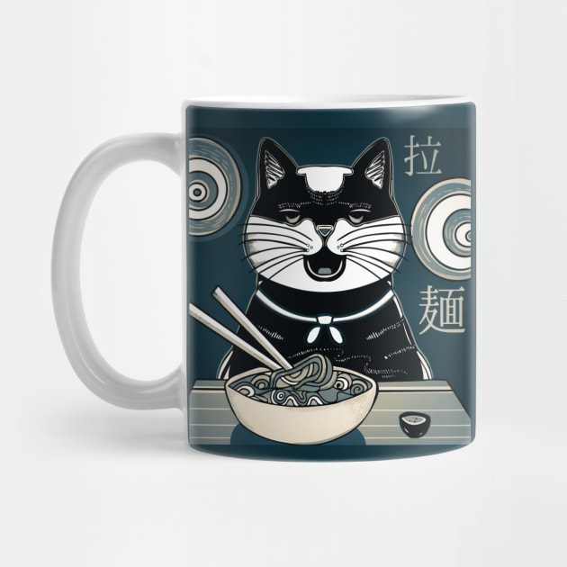 Cat eating noodles japanese food art by jen28